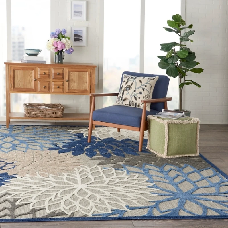 Blue Floral Outdoor Area Rug, 7x10