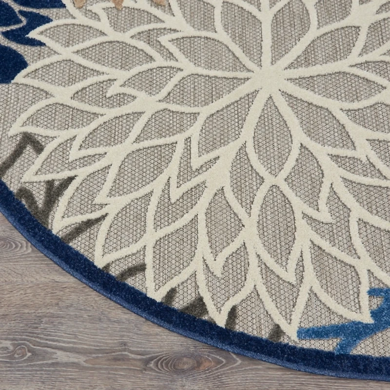 Blue Floral Burst Round Outdoor Area Rug, 5x5