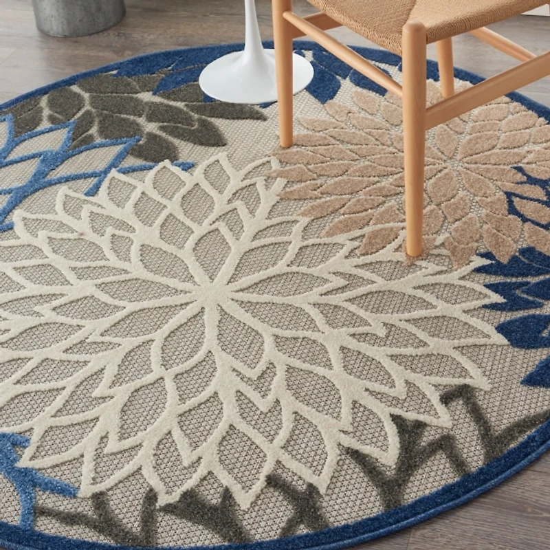 Blue Floral Burst Round Outdoor Area Rug, 5x5