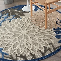 Blue Floral Burst Round Outdoor Area Rug, 5x5