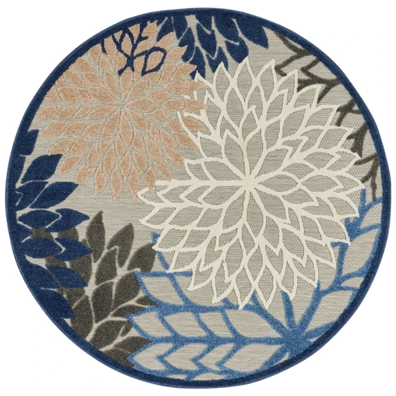 Blue Floral Burst Round Outdoor Area Rug, 5x5