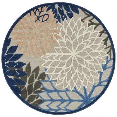 Blue Floral Burst Round Outdoor Area Rug, 5x5