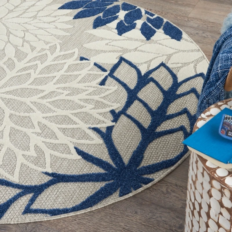 Denim Floral Burst Round Outdoor Area Rug