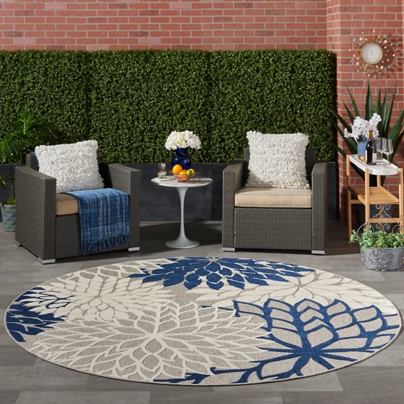 Navy Floral Burst Round Outdoor Area Rug, 7x7