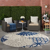 Navy Floral Burst Round Outdoor Area Rug, 7x7