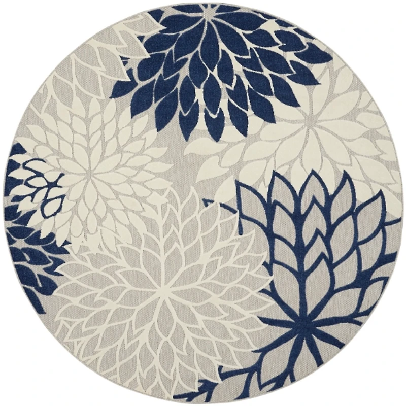 Navy Floral Burst Round Outdoor Area Rug, 7x7