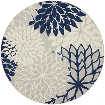 Navy Floral Burst Round Outdoor Area Rug, 7x7