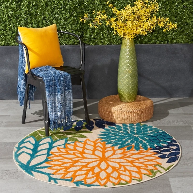 Tangerine Floral Burst Round Outdoor Area Rug