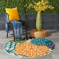 Tangerine Floral Burst Round Outdoor Area Rug