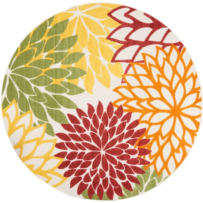 Red Floral Burst Outdoor Round Area Rug, 7 ft.