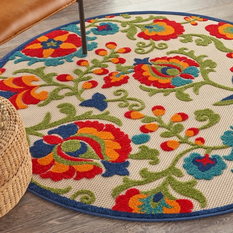 Abstract Floral Outdoor Round Area Rug, 5 ft.