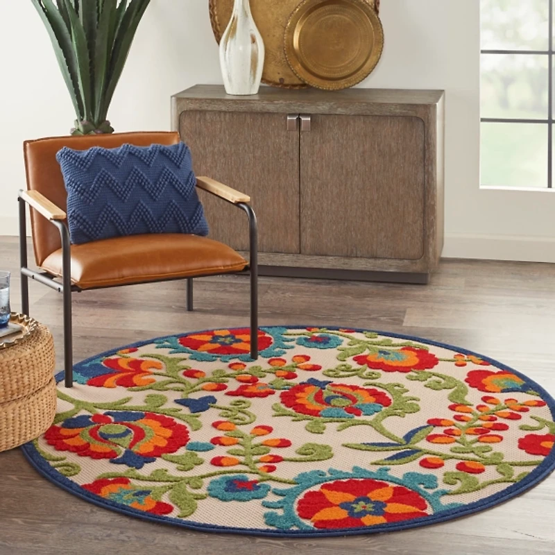 Abstract Floral Outdoor Round Area Rug, 5 ft.