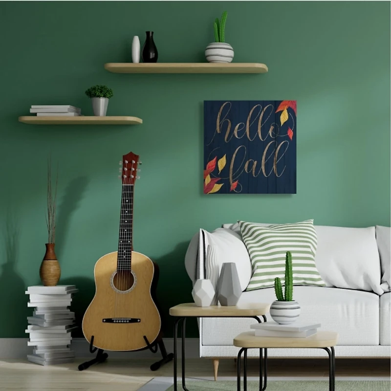 Navy Hello Fall Wood Plank Canvas Wall Art