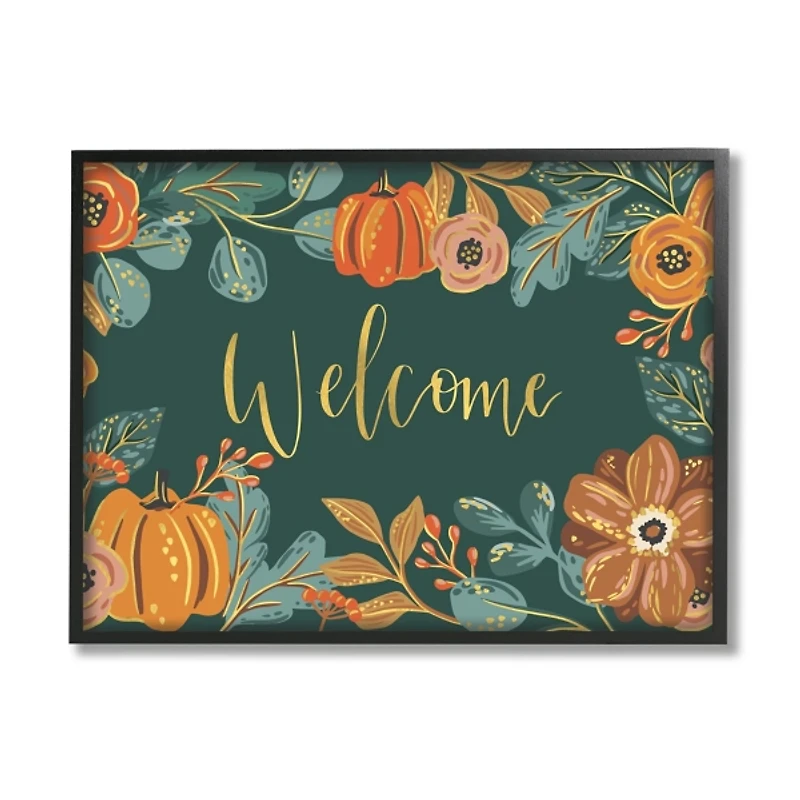 Green Welcome Pumpkin Floral Framed Wall Art