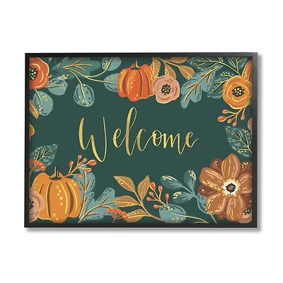 Green Welcome Pumpkin Floral Framed Wall Art