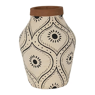 Green and White Floral Terracotta Vase