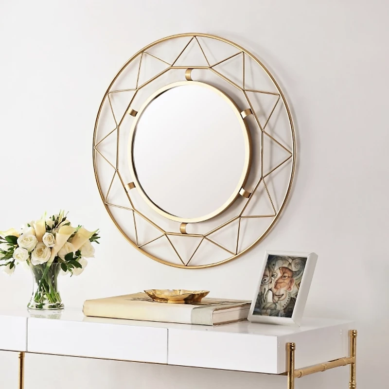 Gold Open Fractal Frame Round Mirror