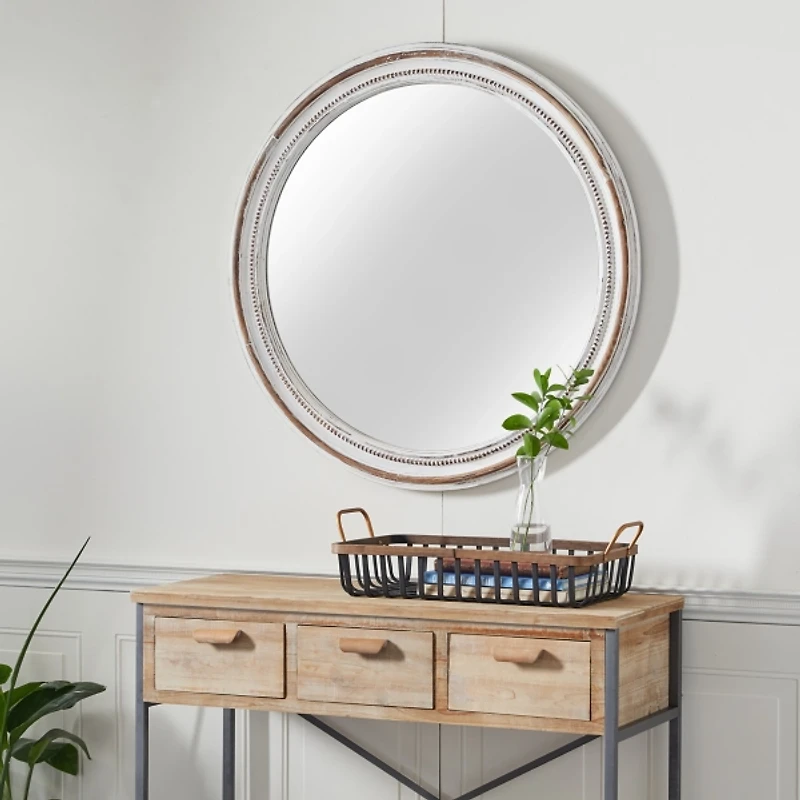 Distressed White Wood Round Frame Wall Mirror