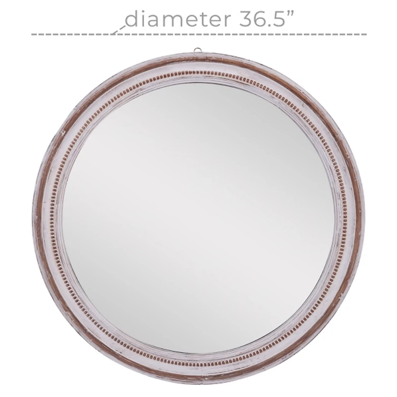 Distressed White Wood Round Frame Wall Mirror