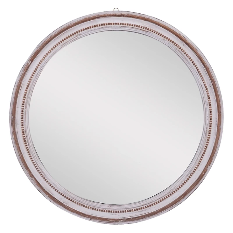 Distressed White Wood Round Frame Wall Mirror