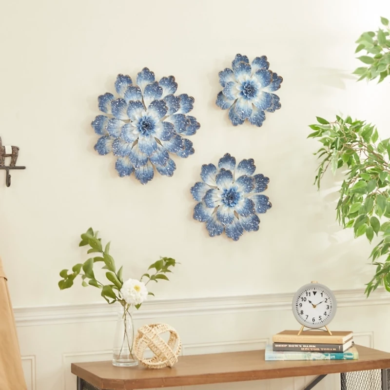 Blue White Metal Flower Coastal 3-pc. Plaque Set