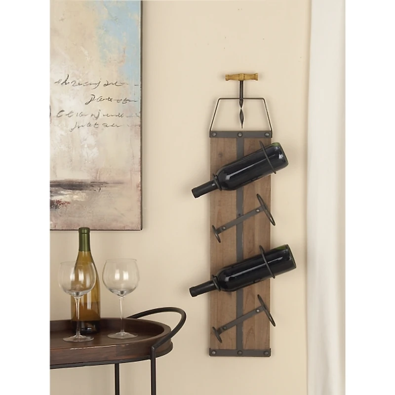 Brown Wood Panel Black Metal Wine Rack