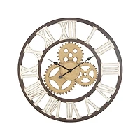 Brown Metal Open Face Gold Gears Wall Clock
