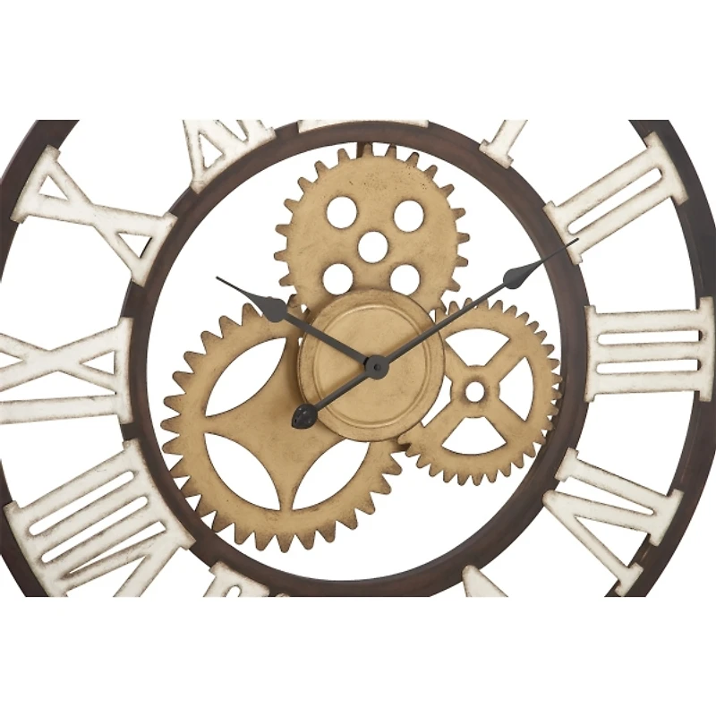 Brown Metal Open Face Gold Gears Wall Clock