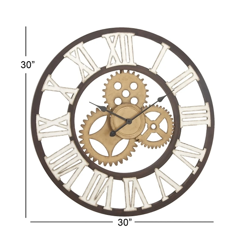 Brown Metal Open Face Gold Gears Wall Clock