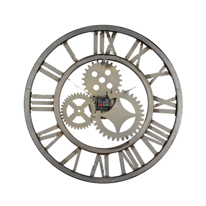 Brown Metal Open Face Gold Gears Wall Clock