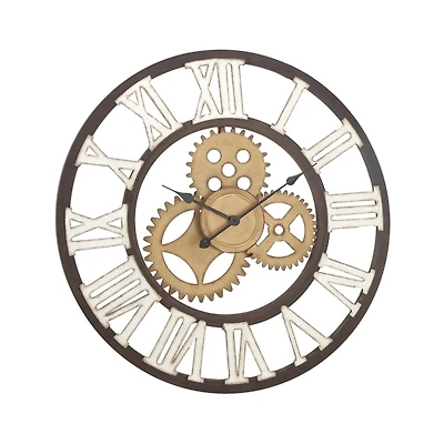 Brown Metal Open Face Gold Gears Wall Clock