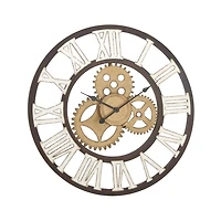 Brown Metal Open Face Gold Gears Wall Clock