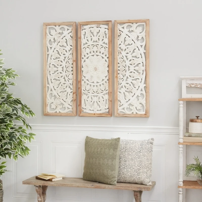 Distressed White Floral Wall Plaques, Set of 3