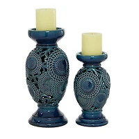 Blue Ceramic Tiered Base Candle Holders, Set of 2