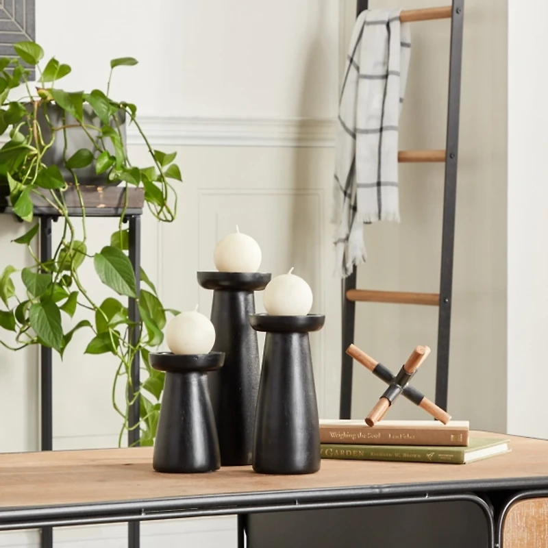 Matte Black Wood T-Shape Candle Holders, Set of 3