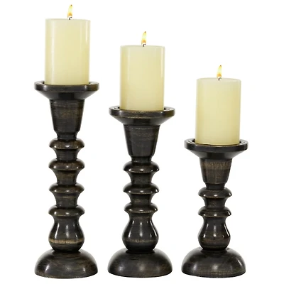 Bronze Wood Column Candle Holders, Set of 3
