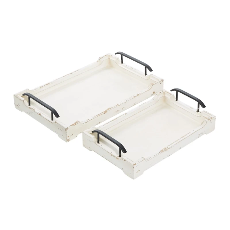 Distressed Ivory Wood Trays, Set of 2