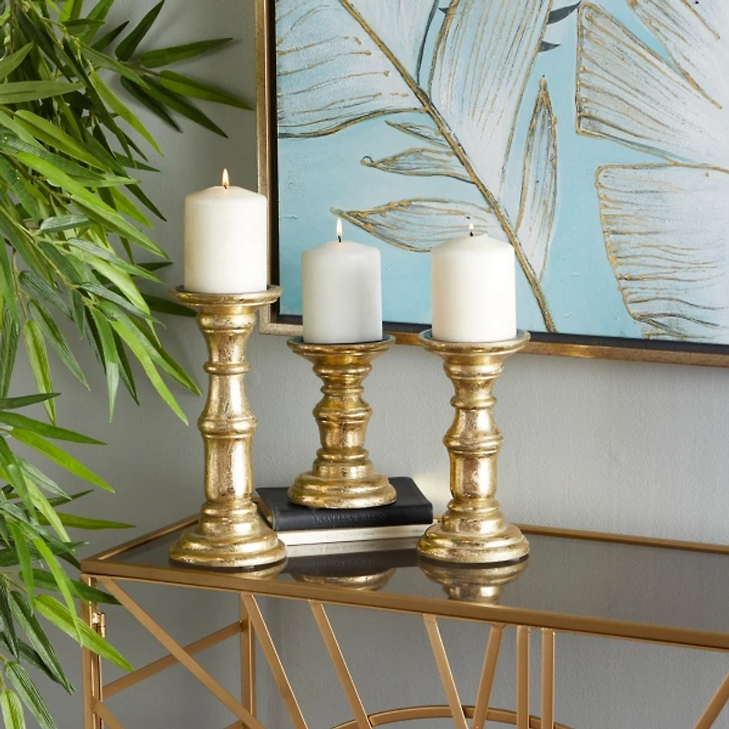 Gold Carved Mango Wood Candle Holders, Set of 3