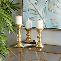 Gold Carved Mango Wood Candle Holders, Set of 3