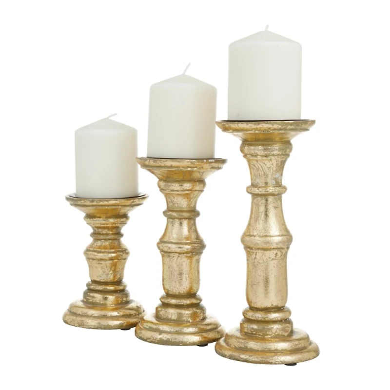 Gold Carved Mango Wood Candle Holders, Set of 3