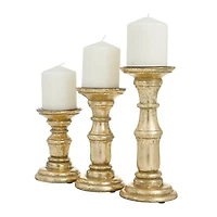 Gold Carved Mango Wood Candle Holders, Set of 3