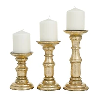 Gold Carved Mango Wood Candle Holders, Set of 3