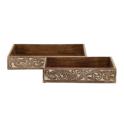 Walnut Floral Engraved Decorative Trays, Set of 2