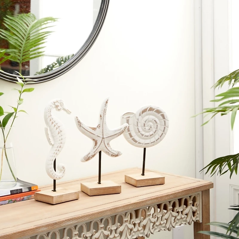 White Wood Sea Creature Statues, Set of 3