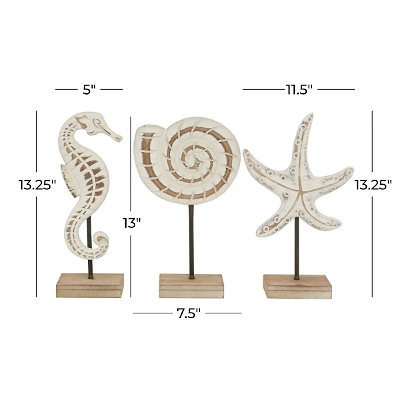 White Wood Sea Creature Statues, Set of 3