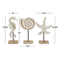White Wood Sea Creature Statues, Set of 3