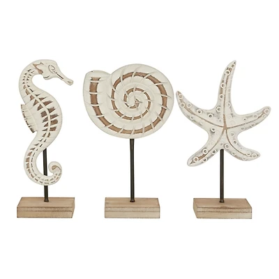 White Wood Sea Creature Statues, Set of 3