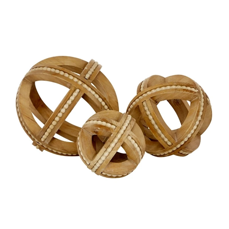 Brown Wood Carved Bead Orbs, Set of 3