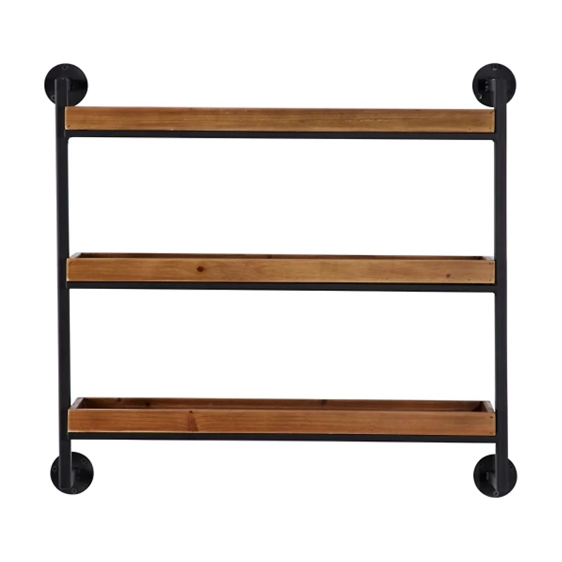 Brown Wood Black Metal Pipe Frame Wall Shelf
