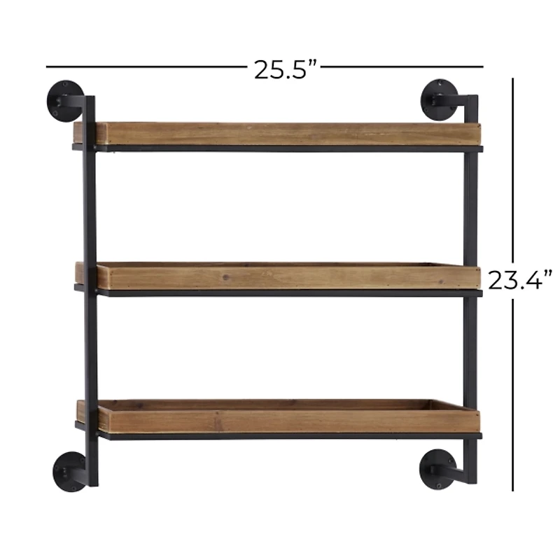 Brown Wood Black Metal Pipe Frame Wall Shelf